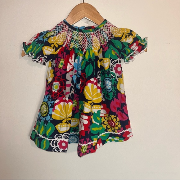 Smocked Auctions Other - Smocked Auctions Vibrant Colorful Floral Smocked Dress Size 12 Months Lace Trims